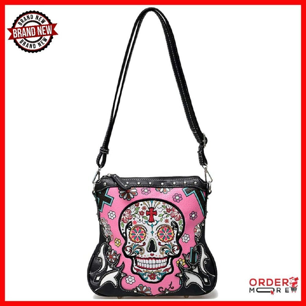 Faux Leather Crossbody Bag with Sugar Skull Print, 9x9.5x3 Inches